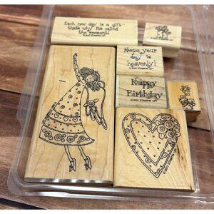 2001 STAMPIN' UP! HEAVENLY DAYS WOOD MOUNTED RUBBER STAMP SET OF 7 ANGEL HEART